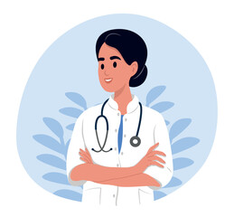 Fototapeta premium National Doctors' Day. Woman doctor portrait. Doctor with a stethoscope. Smiling therapist, general practitioner with crossed arms. Doctor in medical uniform.