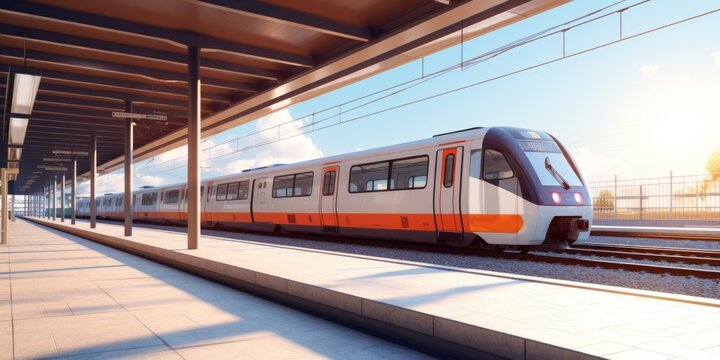 An orange and white train at a train station. Digital image.