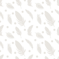 Seamless pattern of bird feathers on a white background. Vector illustration. Design of fabric, paper, packaging.