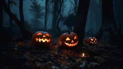 Enchanting Halloween Scene: Pumpkins on Wood in a Spooky Forest at Night, generative AI