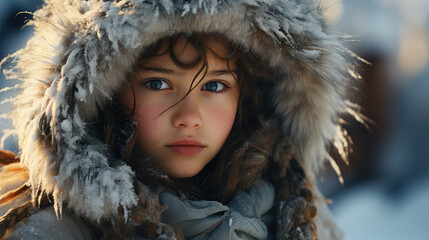 kid eskimo from Inuit tribe, Iglu, high detailed facial features, ai generated. - obrazy, fototapety, plakaty