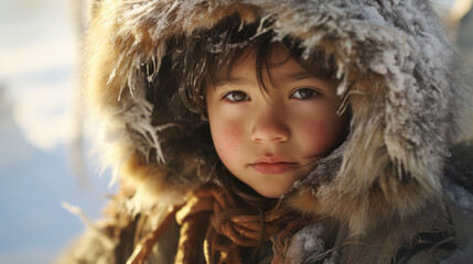 kid eskimo from Inuit tribe, Iglu, high detailed facial features, ai generated. - obrazy, fototapety, plakaty