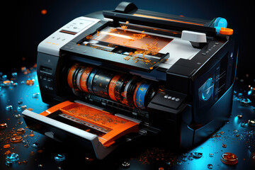 Hyper realistic of the space cartels white printer and paper blue and orange document, black background, futuristic - obrazy, fototapety, plakaty