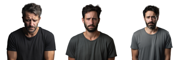 transparent background with Caucasian man showing various emotions of distress fear anger and sadness