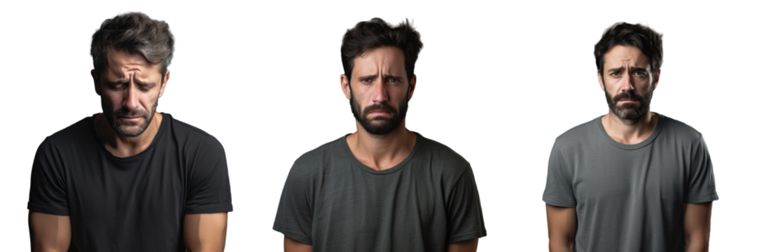 transparent background with Caucasian man showing various emotions of distress fear anger and sadness