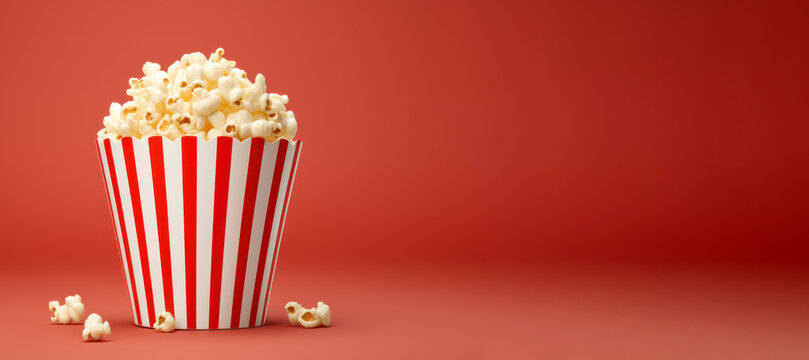 Popcorn in red and white striped cardboard bucket on red background, copy space for advertisement