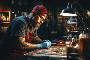 a tattoo artist at work, needle in hand. Concentrated gaze. Ink on skin, ai generated. - obrazy, fototapety, plakaty