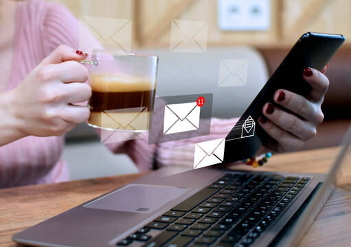 New email notifications,concept for business email communication and digital marketing.Inbox, receive electronic message alerts.Businesswoman,digital nomad,Remote video conferencing,Video Creator - Powered by Adobe