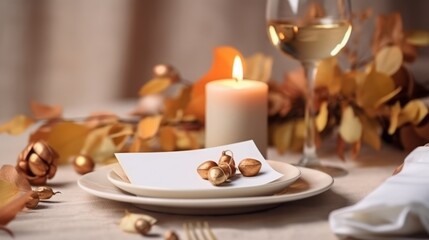 Fototapeta na wymiar Rustic Autumn Wedding Table Decor Featuring White Place Card Mockup