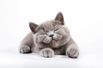 a British Shorthair cat sleeping in front of a white background.  - obrazy, fototapety, plakaty