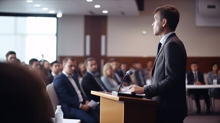 Speaker with microphone speaking in front of Dynamic Conference meeting, generative AI