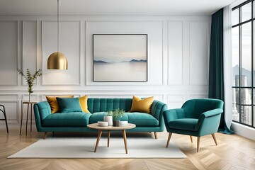 Naklejka na ściany i meble Poster frame mockup in minimalist modern living room interior background, Scandinavian style, 3D render
