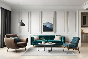 Poster frame mockup in minimalist modern living room interior background, Scandinavian style, 3D render