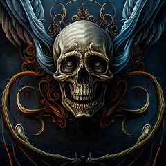 Skull with decorative elements on a dark background.