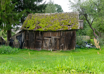 Fototapeta na wymiar old wooden barn, roof overgrown with moss