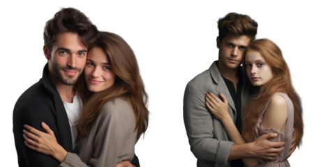 Couple cuddling and posing for camera on transparent background