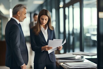 Business woman attorney showing document to man client providing advisory services, professionals discussing tax papers in office at meeting. Legal consultancy concept. generative AI