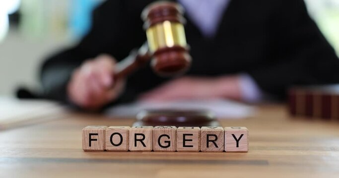Forgery word judge with gavel in court. Judgment and decision and verdict