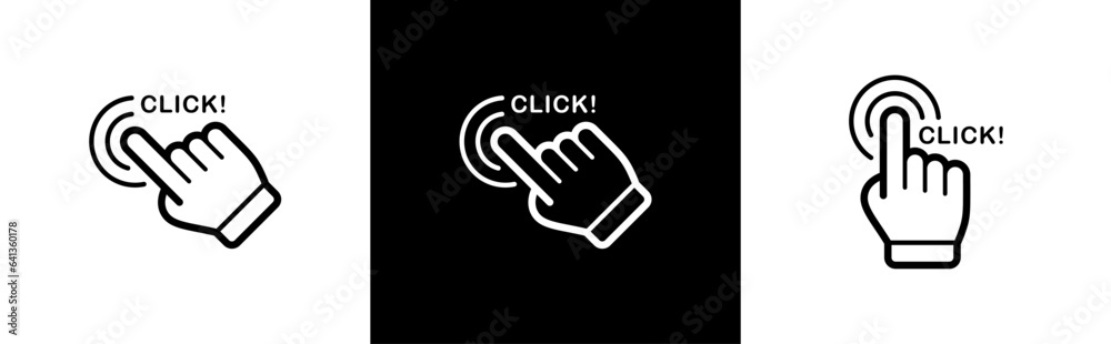 Fototapete Hand click icon set in line style. Click here, Hand clicking, finger, Touch screen, pointer, cursor, gesture, mouse press push simple black style symbol sign for apps and website, vector illustration.