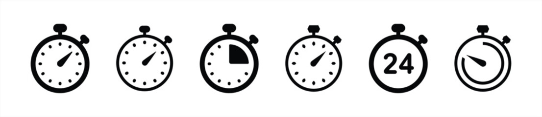 Stopwatch icon set in flat style. Quick time or deadline, timer, clock, Express service, Countdown timer and stopwatch simple black style symbol sign for apps and website, vector illustration.