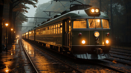 Obraz premium Retro train set in 70 century, vintage train on rails stop at station, 
