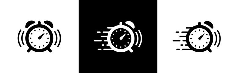 Alarm clock icon set in flat style. speed, timer, ringing, alarm clock, bell, time, alarm, time management, calendar simple black style symbol sign for apps and website, vector illustration. - obrazy, fototapety, plakaty