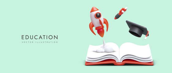 Education concept. Productive learning, transition to another class, course. 3D rocket launch with open book, pen, and graduate cap. Help, tutoring services. Advertising of school, college, academy