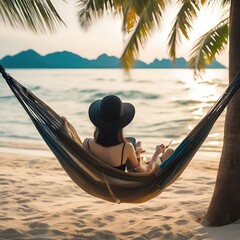 Traveler Asian woman relax in hammock on summer beach Thailand