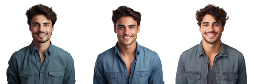 Smiling young man in denim shirt poses for camera on transparent background - Powered by Adobe