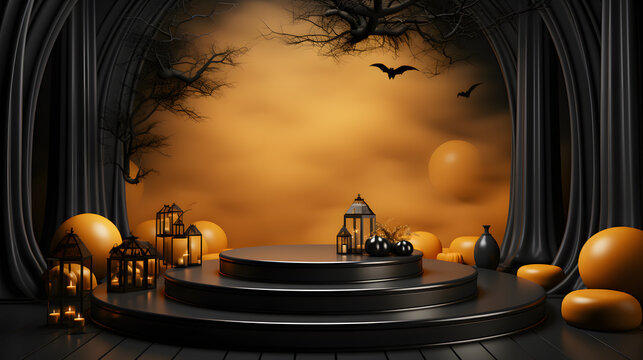 Halloween podium background with black and orange pumpkins, witch cauldron, lanterns and bats. 3d render