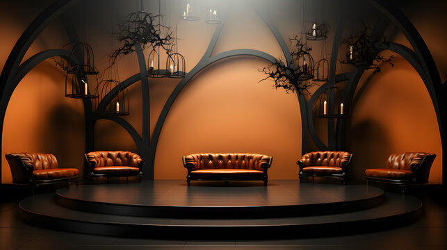 Halloween podium background with black and orange pumpkins, witch cauldron, lanterns and bats. 3d render
