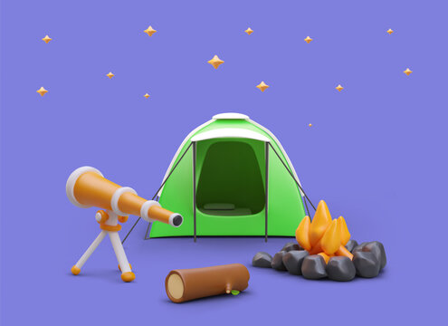 Night science camping with telescope. Stargazing. Entertainment by evening fire. Tourist trips with astronomical equipment. Vector color concept in cartoon style