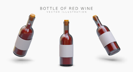 Realistic bottle of red wine in different positions. Corked alcoholic drink. Container with empty label, mockup. Set of isolated vector images with shadows