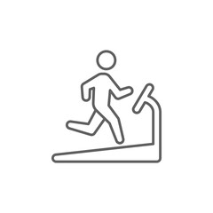 Man running on treadmill icon. Simple outline style. Run, runner, gym equipment, fitness, exercise machine, sport concept. Thin line symbol. Vector isolated on white background. Editable stroke SVG.