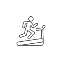 Man running on treadmill icon. Simple outline style. Run, runner, gym equipment, fitness, exercise machine, sport concept. Thin line symbol. Vector isolated on white background. Editable stroke SVG.