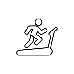 Man running on treadmill icon. Simple outline style. Run, runner, gym equipment, fitness, exercise machine, sport concept. Thin line symbol. Vector isolated on white background. SVG.
