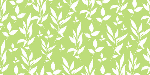 Seamless vector pattern of leaves and branches of berries on a gentle green background. Abstract botanical pattern. . Simple design for fabric, wallpaper, scrapbooking, textile, wrapping paper