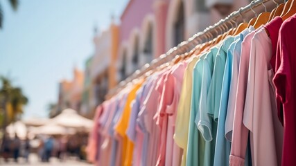 Row of colorful clothes hanging in street market in a sunny day
