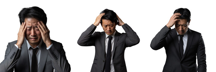 A tired and depressed Asian businessman appears gloomy clutching his head against a transparent background