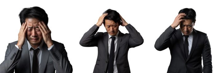 A tired and depressed Asian businessman appears gloomy clutching his head against a transparent background