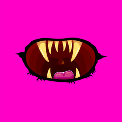 Vector cartoon funny zombie monster open mouth with rotten teeth isolated on pink background. Vector Halloween greeting card with funne pink monster mouth. Cartoon vampire and witch fangs