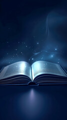 Open book bible and light on blue background, generative AI.