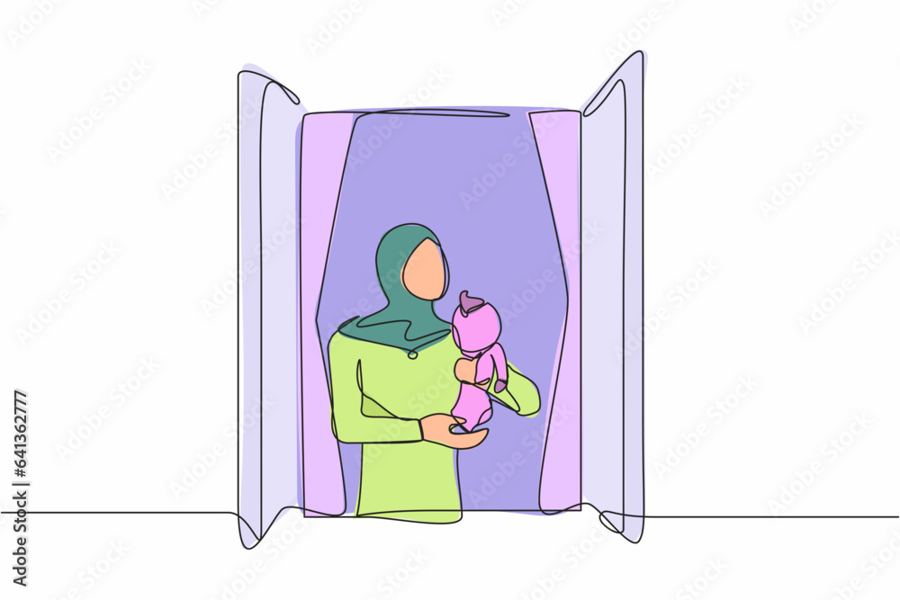 Wall mural Single continuous line drawing Arab female holding newborn baby near window. Child lies on in mom's arms. Woman taking care of kid. Mother on maternity leave. One line draw design vector illustration - Wall murals