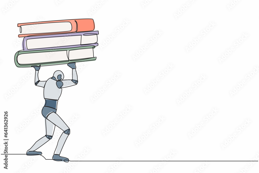 Poster continuous one line drawing tired robot carrying heavy pile paper folder on his back. cyborg cannot 