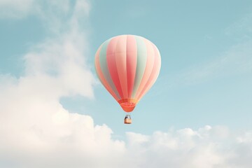 Aerial view of a pink hot air balloon soaring over clouds, capturing the essence of freedom and adventure. Ideal for travel or leisure themes