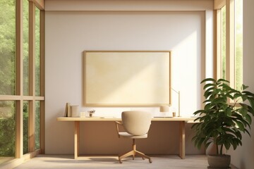 Modern office interior in beige tones featuring a chair in front of a work desk, an empty board on the wall for notes, and large windows providing ample light. Minimalist design