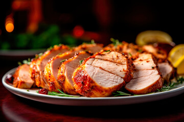 Oven roast turkey breast meat cut into slice for Thanksgiving Day - obrazy, fototapety, plakaty