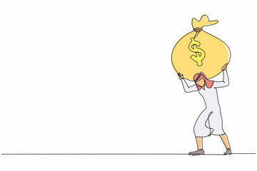 Single one line drawing Arabian businessman carrying heavy money bag on his back. Stressed entrepreneur loss money. Financial crisis due to pandemic. Continuous line graphic design vector illustration