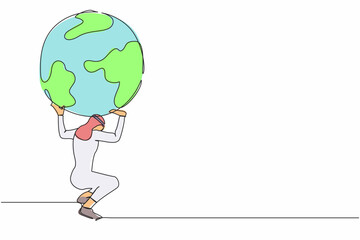 Continuous one line drawing Arab businessman carrying heavy globe on his back. Natural resources responsibility, earth exploitation, industrial pollution. Single line draw design vector illustration