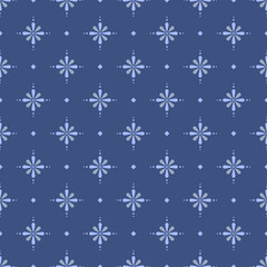 In this seamless pattern, make a flower with light blue petals alternating with gray. Arrange on a dark blue background. Decorated with small light blue diamonds placed alternately neatly.
